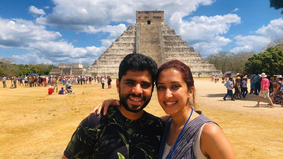 Posing in front of a temple in Mexico