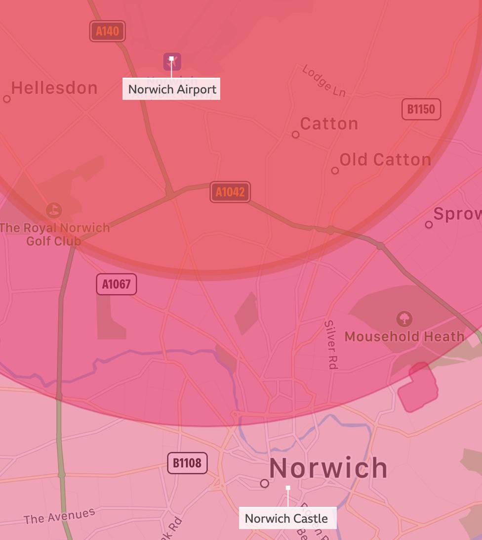 Diagram of controlled airspace in Norwich city centre