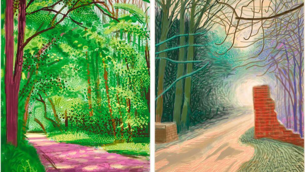 A composite of two drawings. On the left is a winding pathway which is pink and white with greenery of trees each side and brown dots all over them. On the right is a beige road with a brick wall next to it and trees swirling with green and purple.