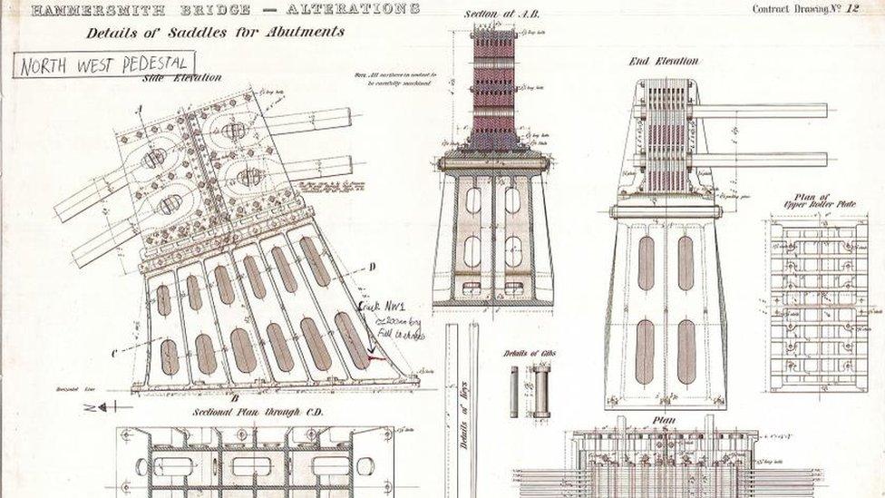 Architectural drawing of the north west pedestal illustrating the location of the micro-fractures