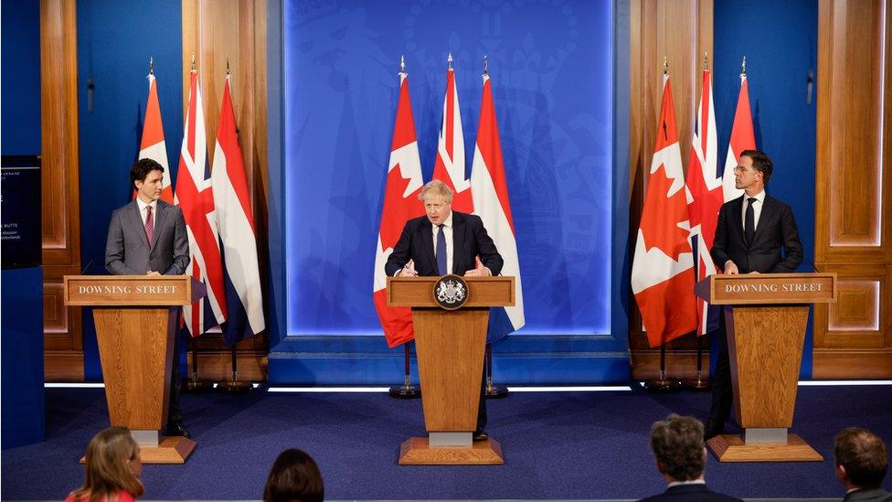 Boris Johnson with Justin Trudeau and Mark Rutte at Downing Street