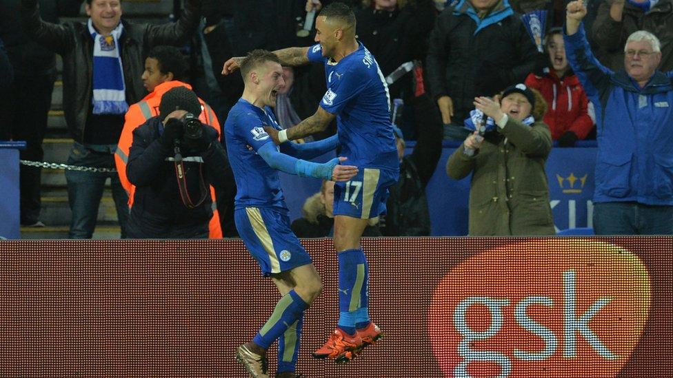 Vardy celebrates scoring an equaliser against Stoke