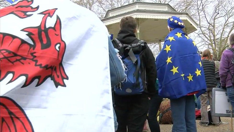 People a Wales and EU flag