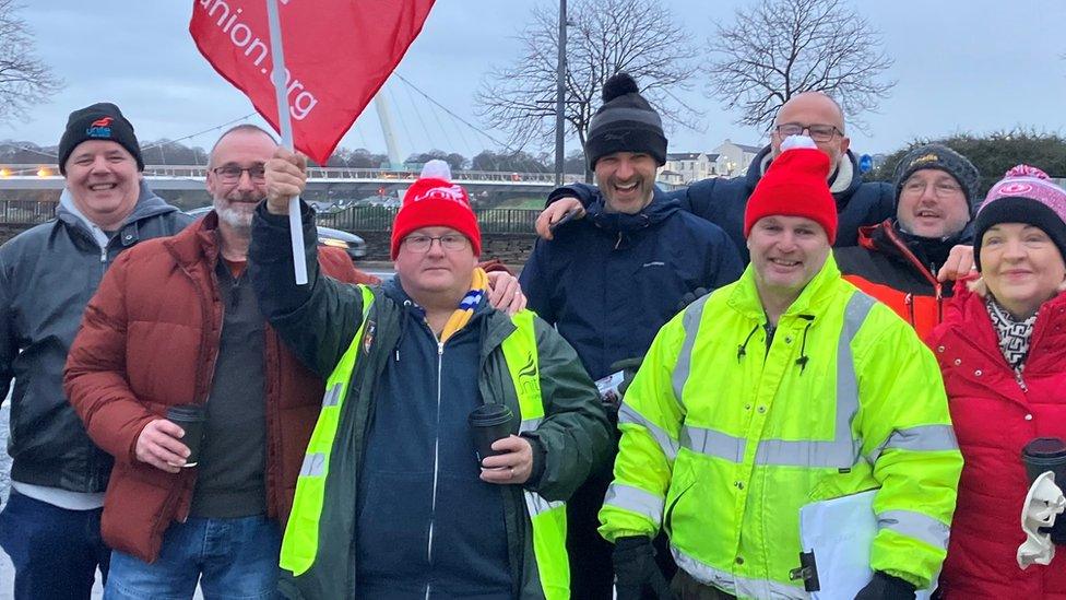 striking bus drivers at picket line in Foyle street derry