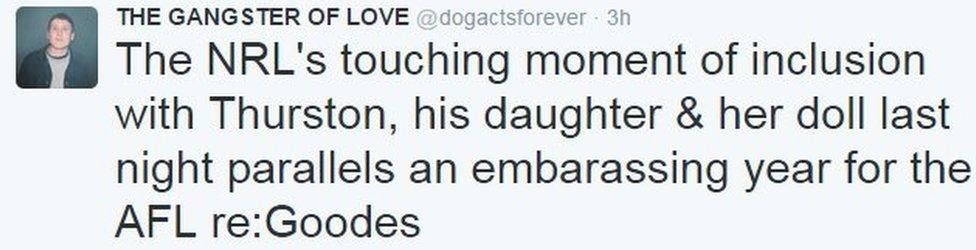 The NRL's touching moment of inclusion with Thurston, his daughter & her doll last night parallels an embarassing year for the AFL re:Goodes