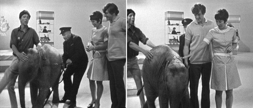 John Noakes, Valerie Singleton, and Peter Purves with Lulu the elephant