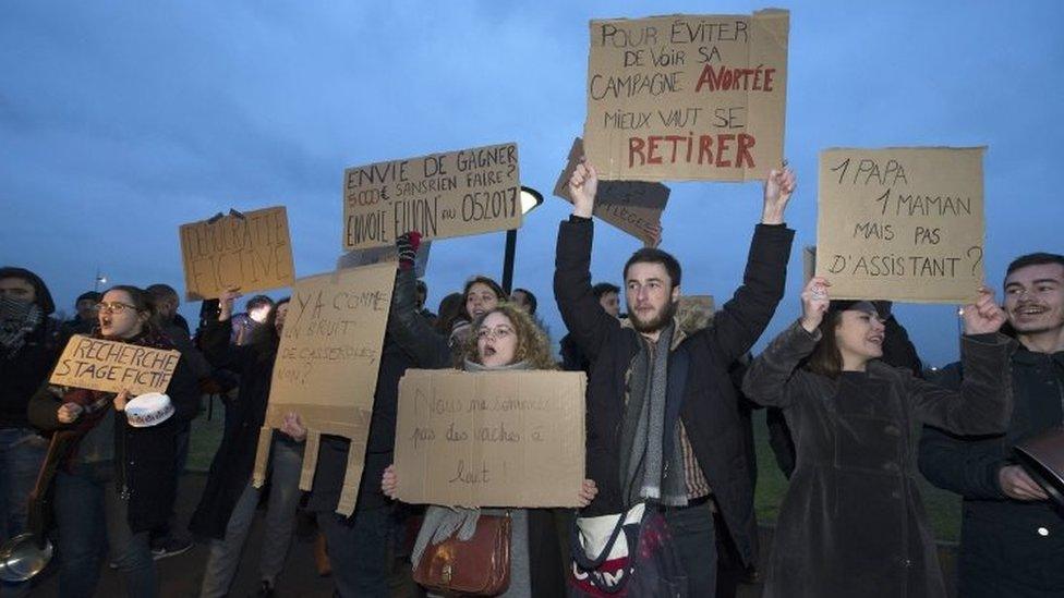 People protest against Francois Fillon in Chasseneuil, central-western France. Photo: 9 February 2017