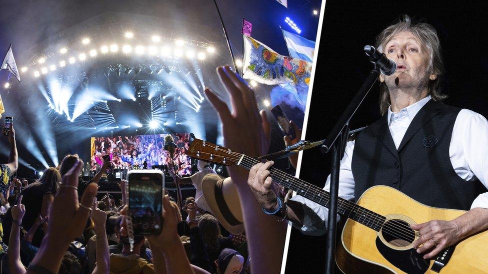 a split image that shows paul mccartney performing on the pyramid stage on the left with a crowd watching and a close up of him singing with an acoustic guitar on the right