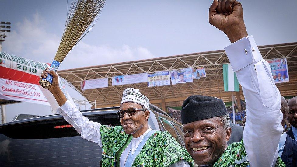 President Muhammadu Buhari (L) and his running mate Yemi Osinbajo (R) attend a campaign rally in Akure, Ondo State, Nigeria - 5 February 2019