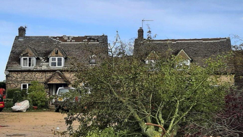 Two houses in Condicote. They are both made of Cotswold stone. Both are missing some tiles off the roof. A tree has fallen in front of the houses.