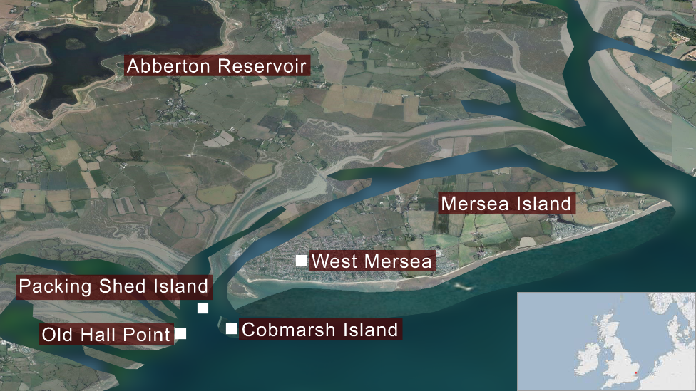 Map of marsh islands in Mersea Harbour