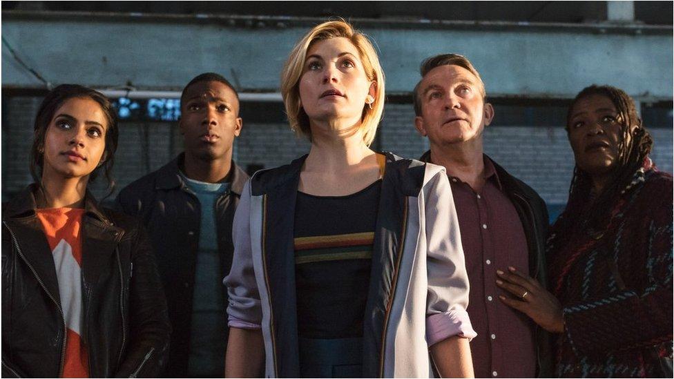 Jodie Whittaker with (left-right) Mandip Gill, Tosin Cole, Bradley Walsh and Sharon D Clarke