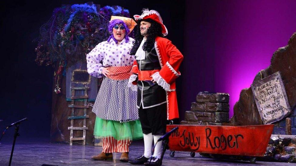 Samuel Powell (Captain Hook) and Hywel Jones (Smee) on stage