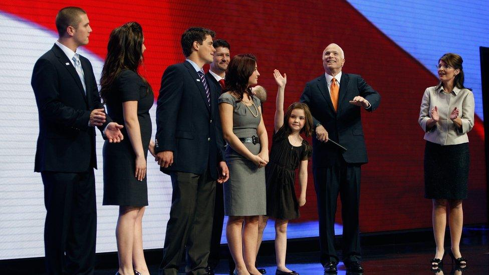 Sarah Palin and her family appear on stage at Republican National Convention in 2008 with Mrs Palin's running mate John McCain