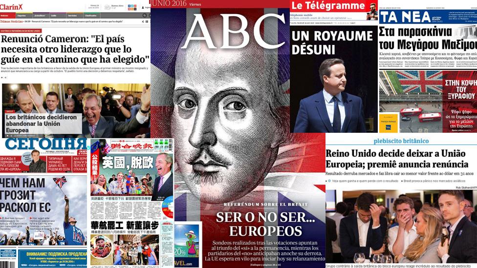 Combo picture of newspaper front pages from around the world reacting to Brexit results