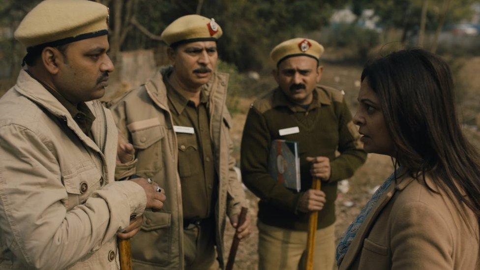 A still from the series showing DCP Chaturvedi speak to three police officers