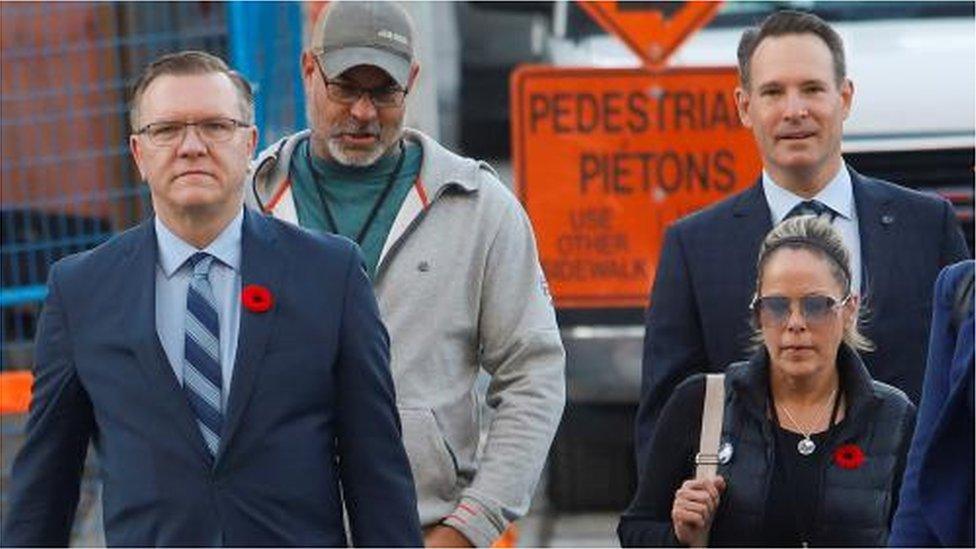 Lawyer Keith Wilson and Freedom Convoy organizers Chris Barber, Tamara Lich, and Tom Marazzo arrive at the Public Order Emergency Commission