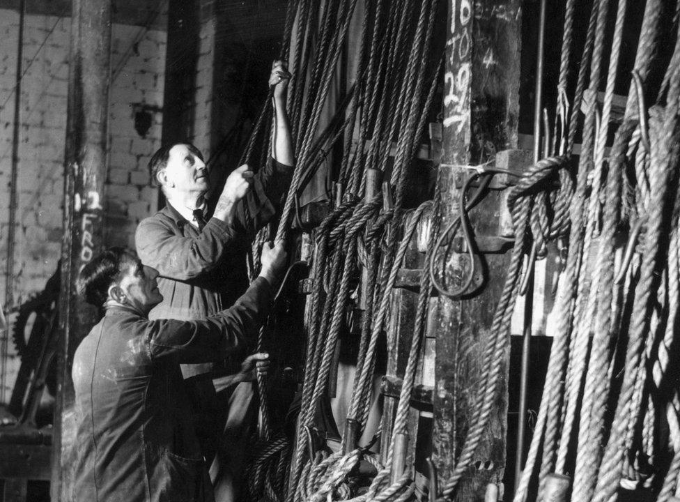 A row of pulley ropes backstage at the Theatre Royal in Bristol, later the Bristol Old Vic, circa 1940.