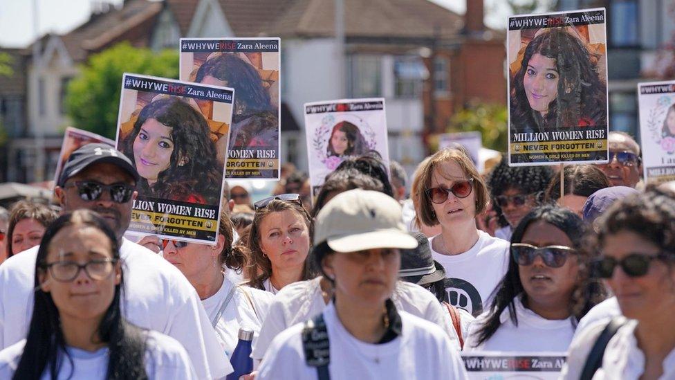 Family and friends take part in a silent vigil to mark the one year anniversary of the death of Zara Aleena on Cranbrook Road in Ilford