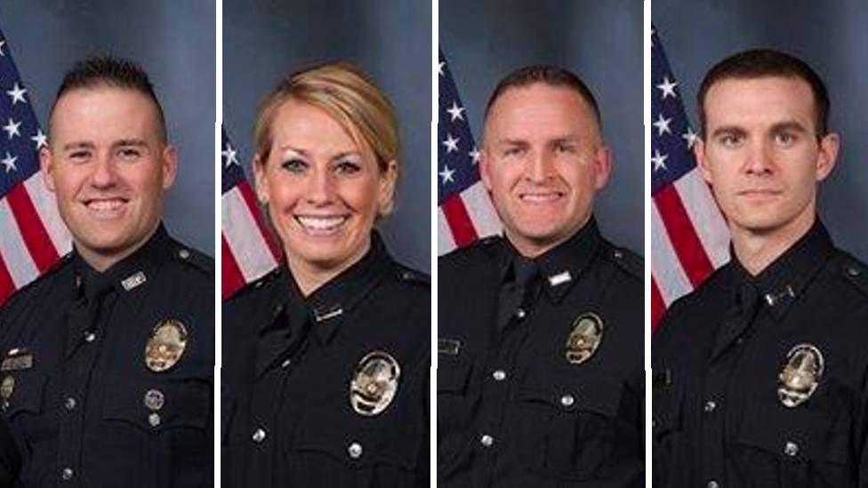 Image shows the four former police offficers charged in the Breonna Taylor case