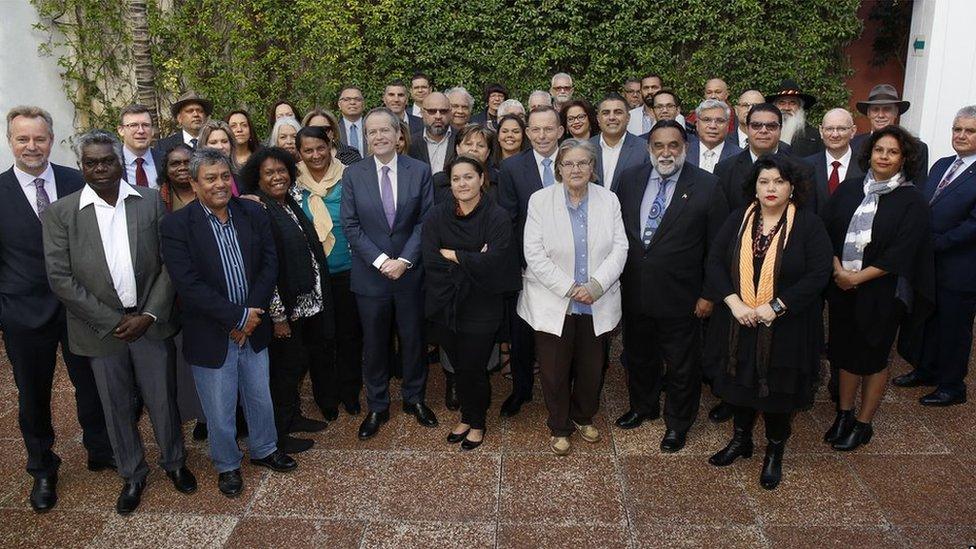 Australian PM Tony Abbott, Labor leader Bill Shorten and 40 Indigenous Australian leaders gather in Sydney to discuss the constitution, July, 2015