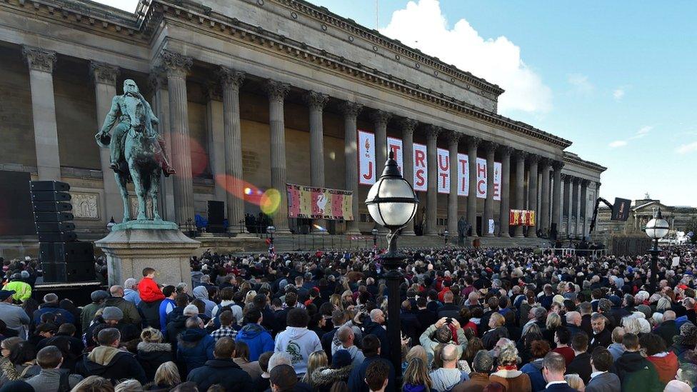 Thousands of people gather outside St George's Hall for a Hillsborough vigil