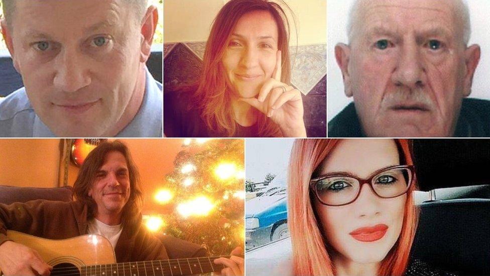 Clockwise from top left - PC Keith Palmer, Aysha Frade, Leslie Rhodes, Andreea Cristea and Kurt Cochran