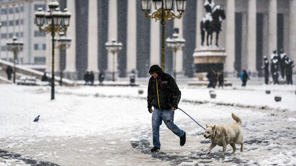 Man walking dog in snow