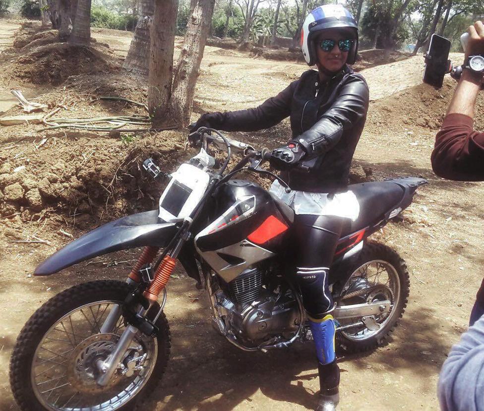 Geeta Tandon on a motorbike