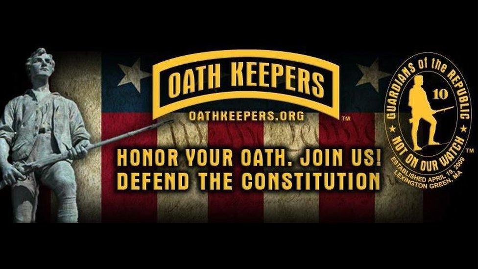 Screen grab of Oath Keepers ad with motto reading: "Guardians of the Republic - not on our watch"