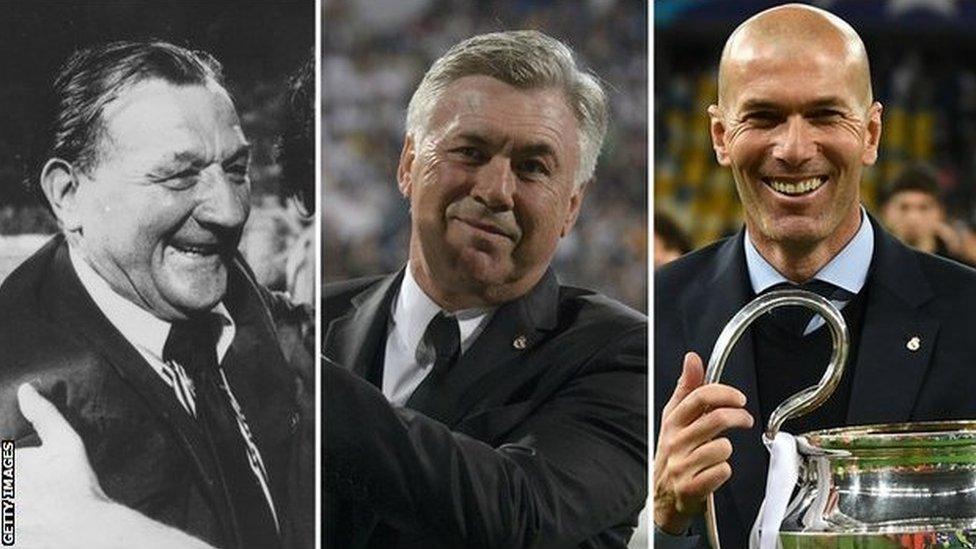 Bob Paisley, Carlo Ancelotti and Zinedine Zidane (left to right)