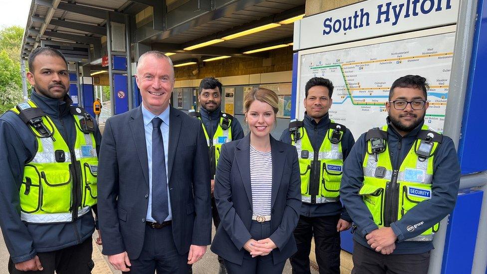 Members of the new Metro Security Team, Nexus MD Martin Kearney and Northumbria PCC Kim McGuinness.