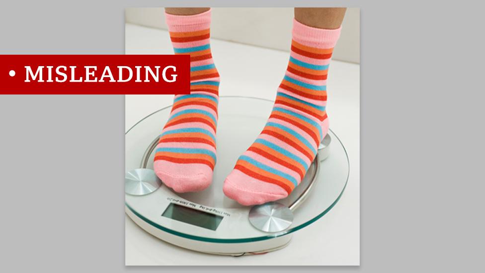 Picture of someone in stripy socks on scales, tagged misleading