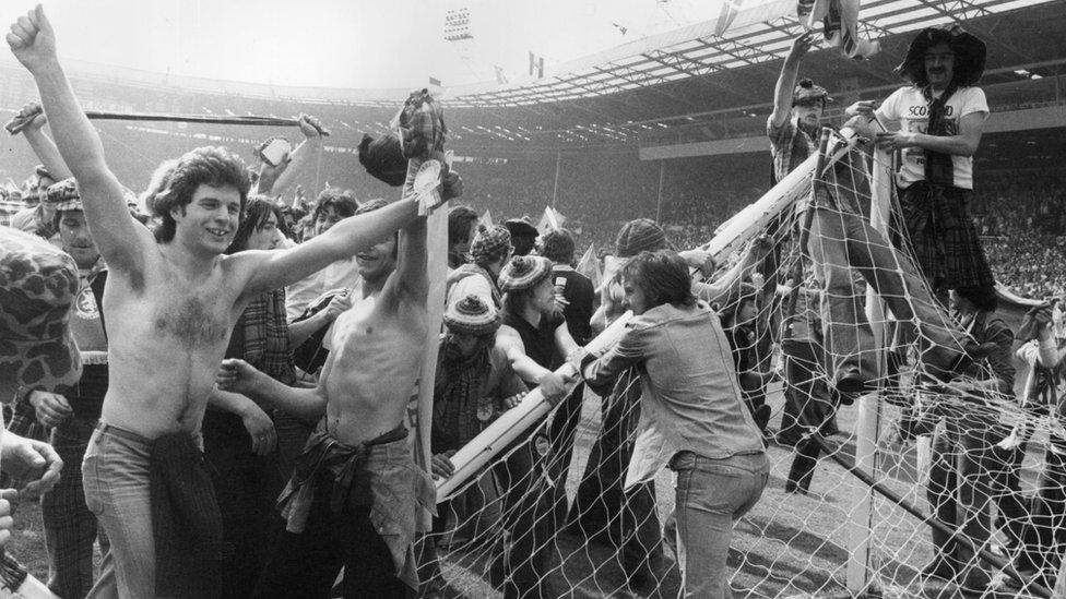 Scottish football fans invade pitch 1977