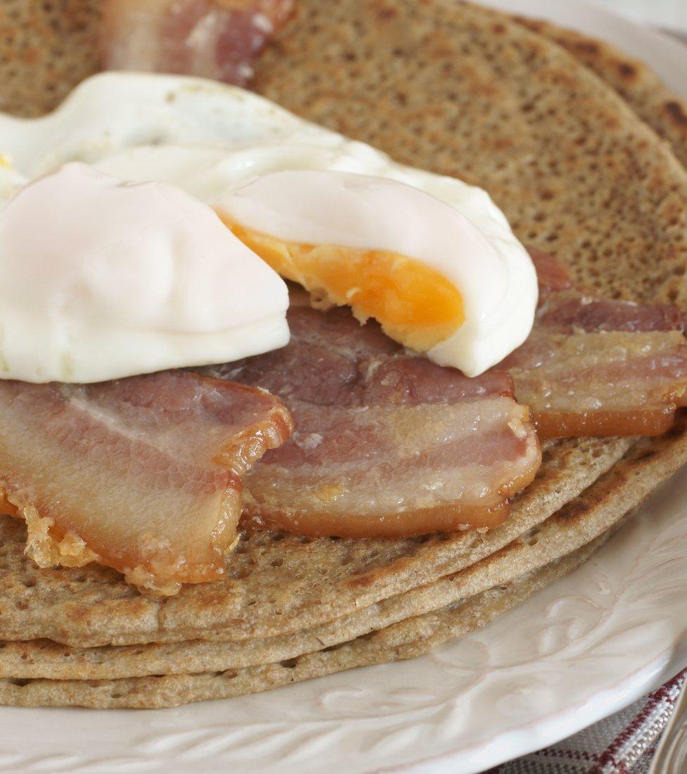 Staffordshire oatcakes topped with bacon and egg