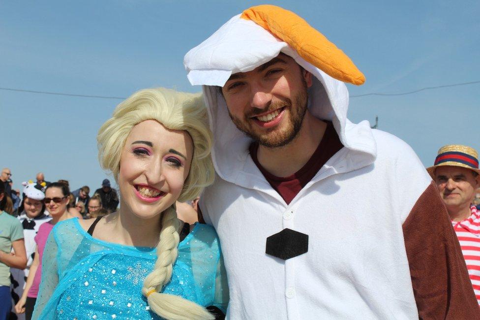 People dressed as Elsa and Olaf for the Felixstowe dip