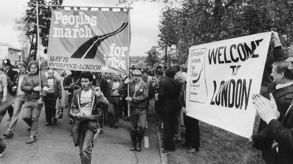 The Greater London Council puts up welcome banners as the People's March for Jobs reaches London after 28 days walk from Liverpool