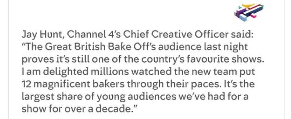 Jay Hunt's tweet: "The Great British Bake Off's audience last night proves it's still one of the country's favourite shows. I am delighted millions watched the new team put 12 magnificent bakers through their paces. It's the largest share of young audiences we've had for a show for over a decade."