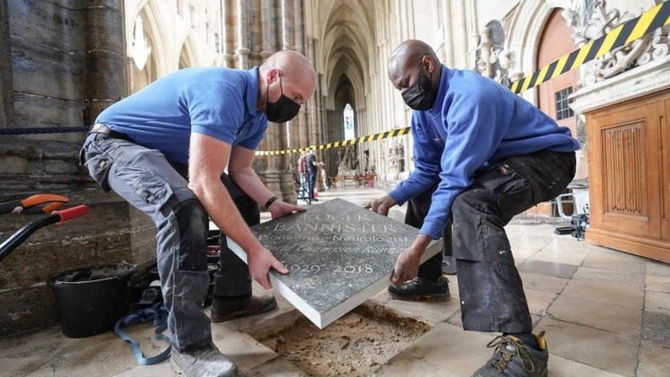 Sir Roger Bannister memorial stone being put into place