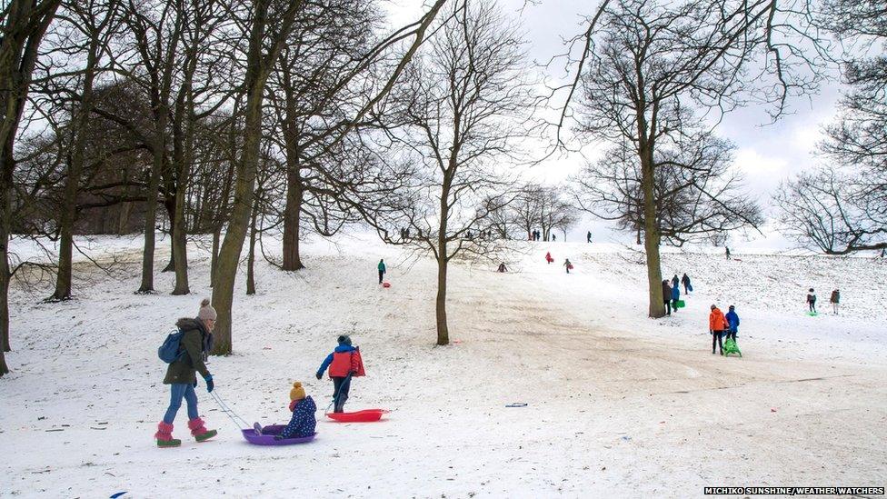 People sledding in the snow