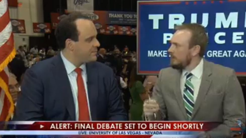 A screenshot taken of the commentators on Trump's alternative broadcast streamed on Facebook live on October 19, 2016.