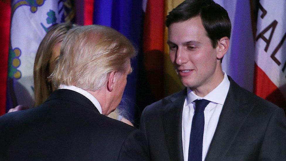 Donald Trump embraces son-in-law Jared Kushner on the night of his presidential election.