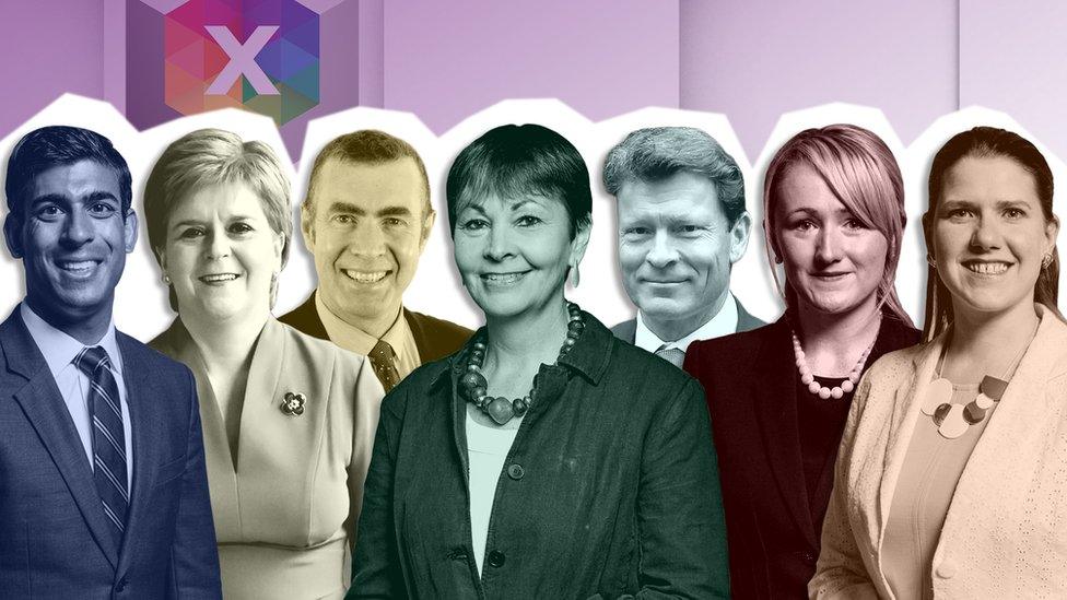 Cynrychiolwyr y saith plaid yn nadl Caerdydd: Rishi Sunak, Nicola Sturgeon, Adam Price, Caroline Lucas, Richard Tice, Rebecca Long Bailey, Jo Swinson