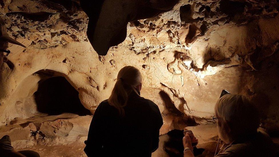 scientists-looking-at-marks-in-cave.