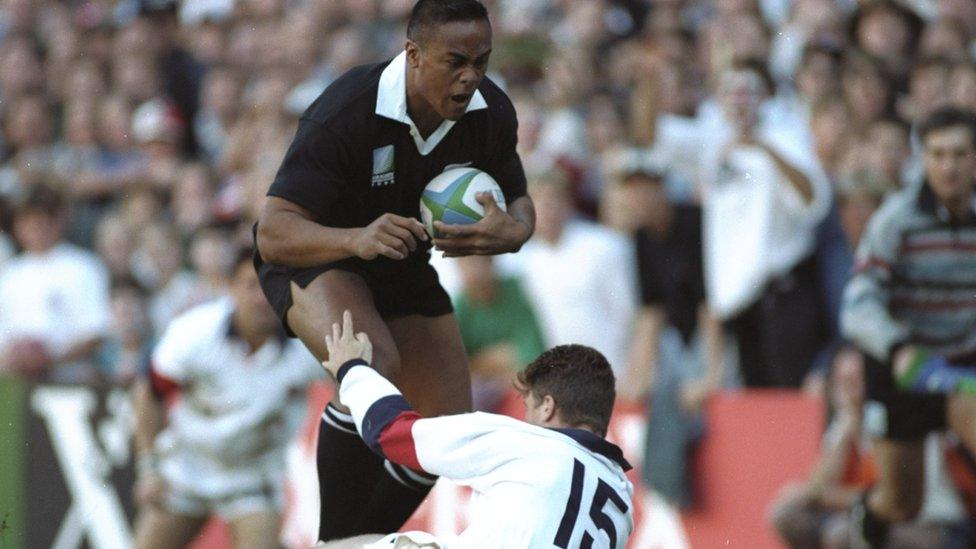 Jonah Lomu runs over the top of England's Mike Catt in his famous 1995 try