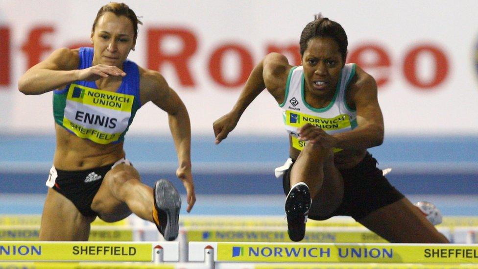 Jessica Ennis and Sarah Claxton in hurdles