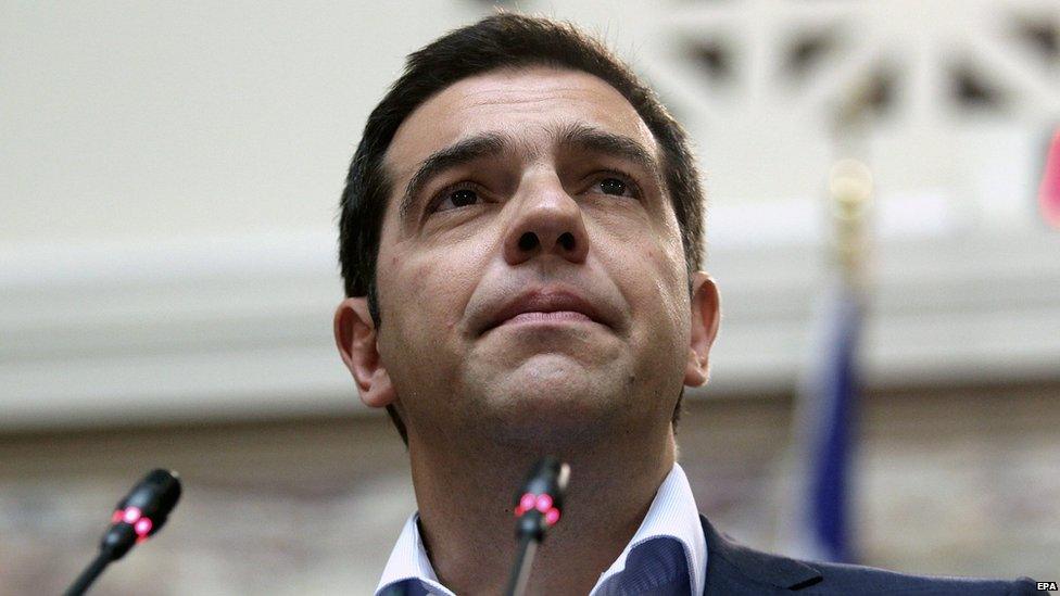 Greek Prime Minister speaks to lawmakers at a party's meeting in the Greek Parliament in Athens, Greece on 16 June