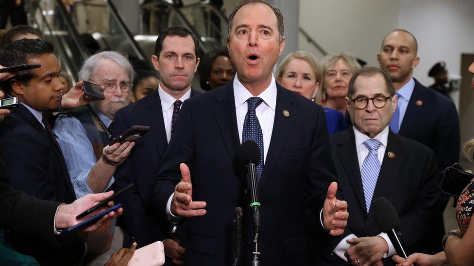 House impeachment managers (L-R) Rep. Jason Crow (D-CO), Sen. Adam Schiff (D-CA), Rep. Sylvia Garcia (D-TX), Rep. Zoe Lofgren (D-CA), Rep. Jerrold Nadler (D-NY) and Rep. Hakeem Jeffries (D-NY) talk to reporters before the second da