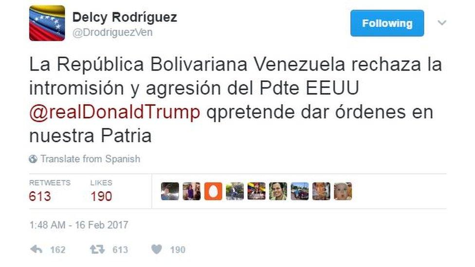 Tweet by Venezuelan Foreign Minister Delcy Rodriguez reading: "The Bolivarian Republic of Venezuela rejects the meddling and aggression of US President @realDondalTrump who tries to give orders in our fatherland