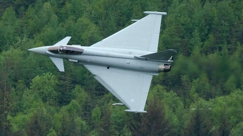 RAF Typhoon flies over the Derwent Dam